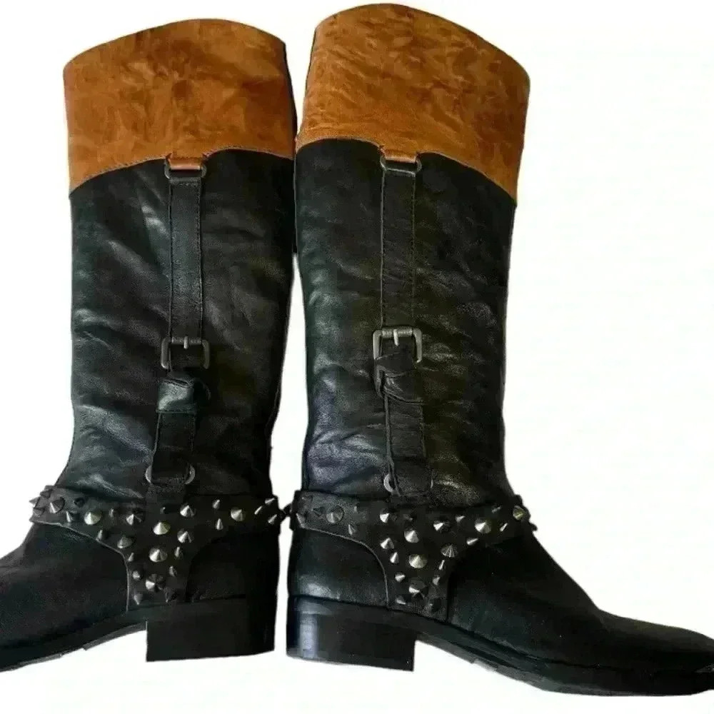 SAM EDELMAN tall leather spiked moto riding boots - black + tan - women 7 medium - Picture 6 of 16